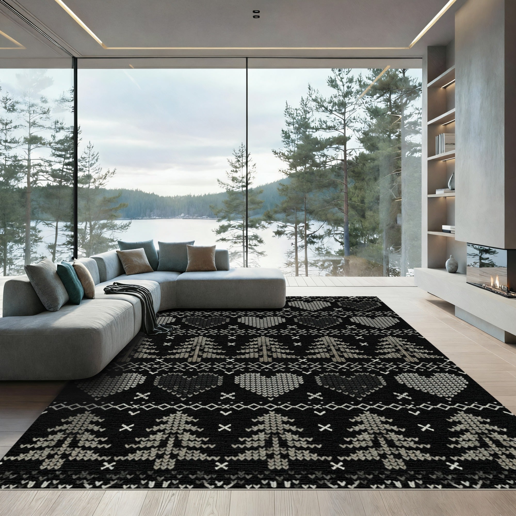 Cozy Gray Heart Tree Stripe Rug