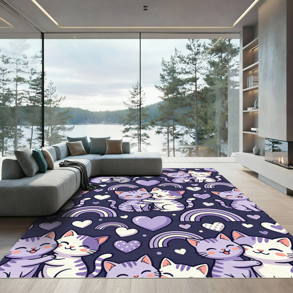 Kawaii Purple Cats Hearts Rainbows Rug