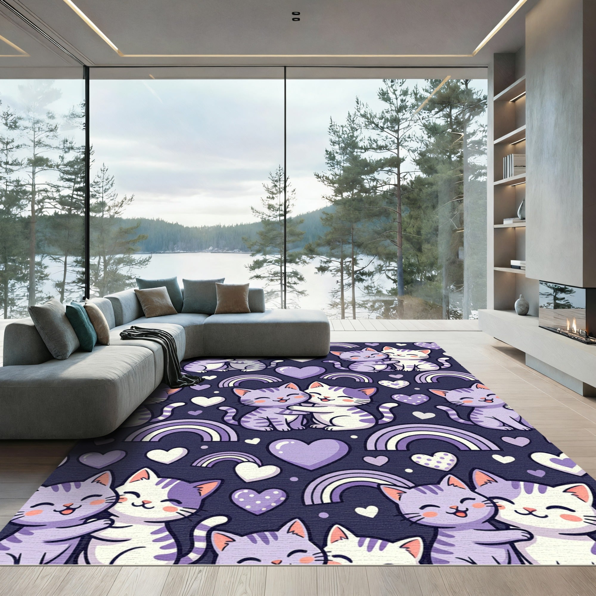 Kawaii Purple Cats Hearts Rainbows Rug
