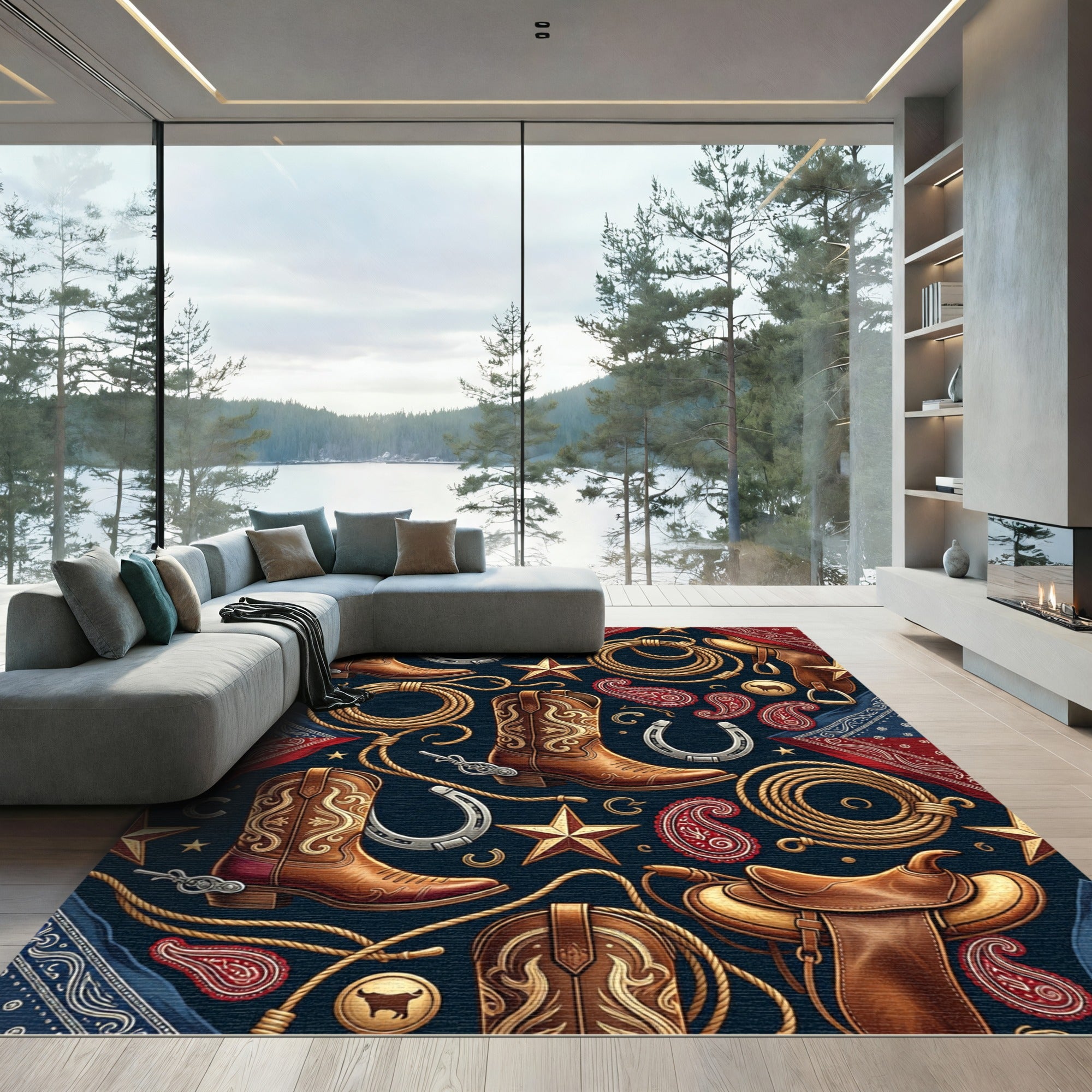 Western Cowboy Boot Horseshoe Rope Navy Rug
