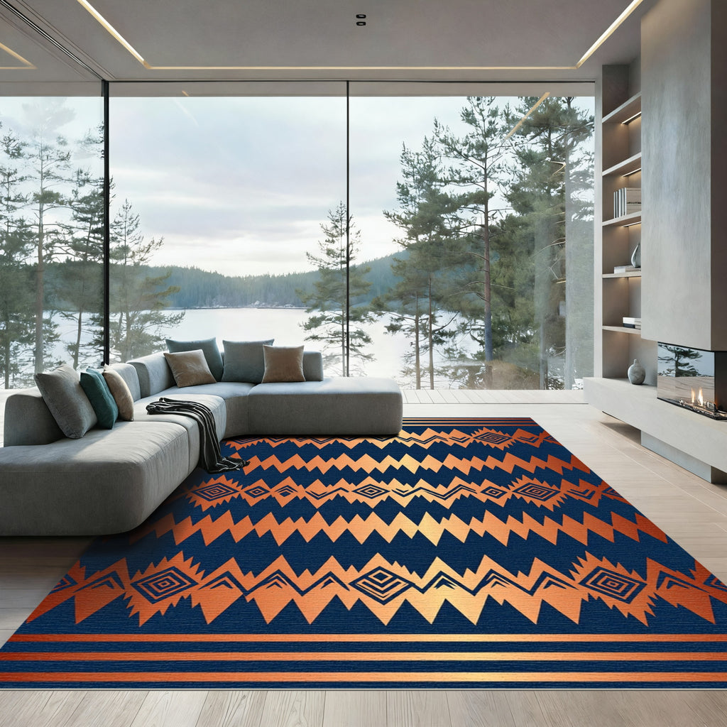 Copper Metallic Geometric Boho Diamond Navy Rug