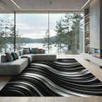 Sleek Silver Waves Black Fabric Rug