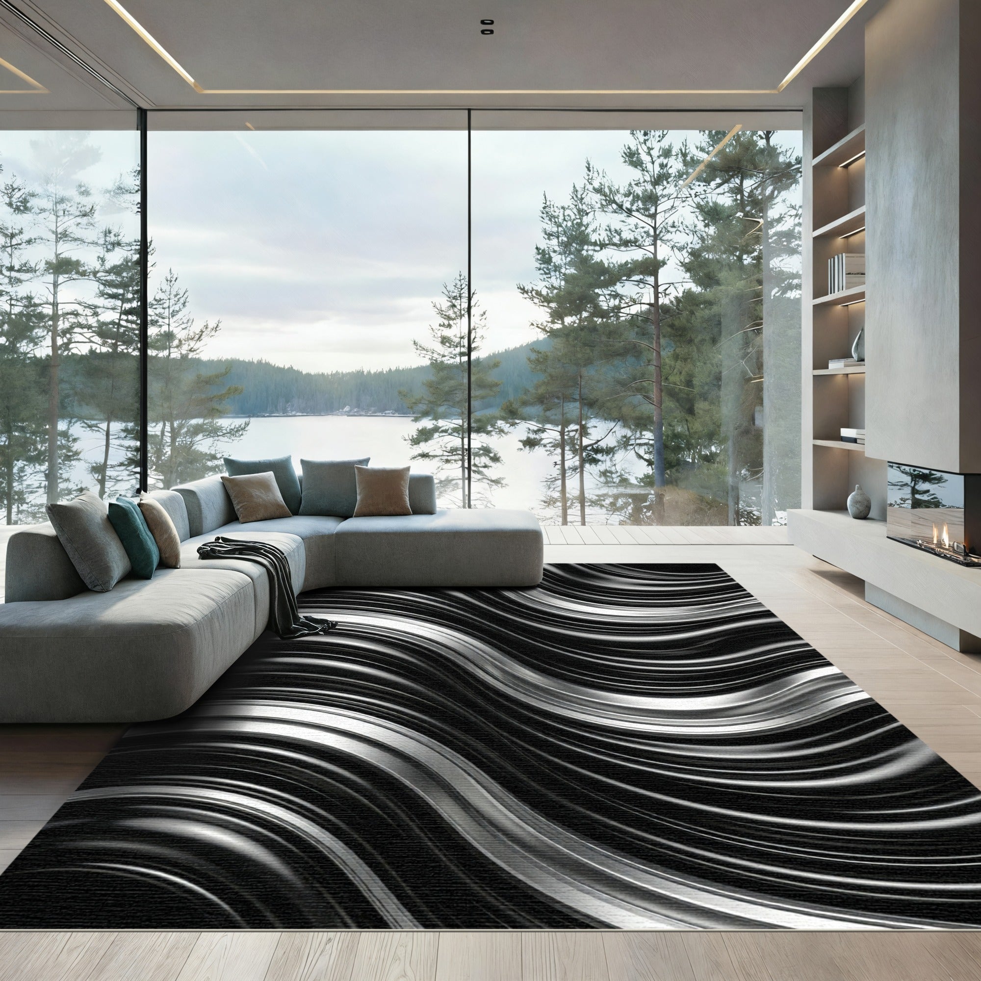 Sleek Silver Waves Black Fabric Rug