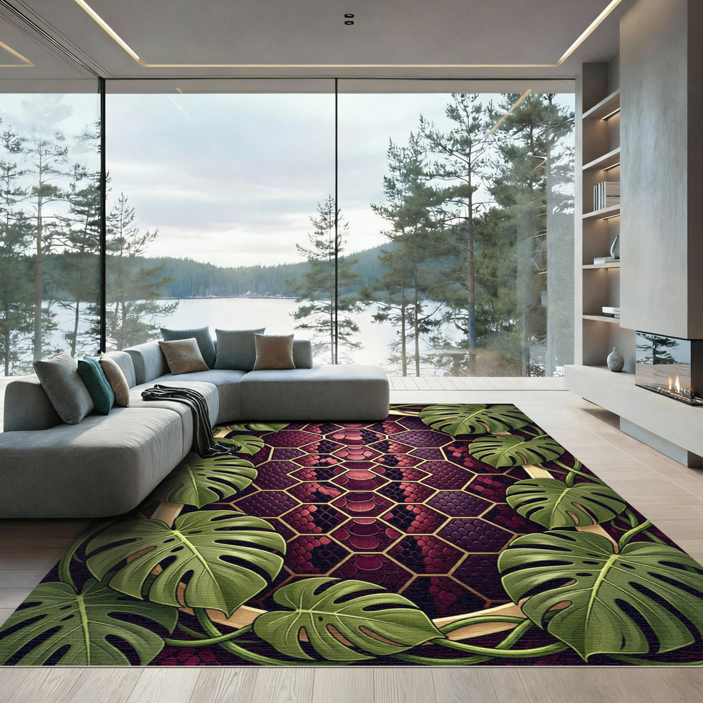 Lush Tropical Monstera Burgundy Snake Hexagon Rug