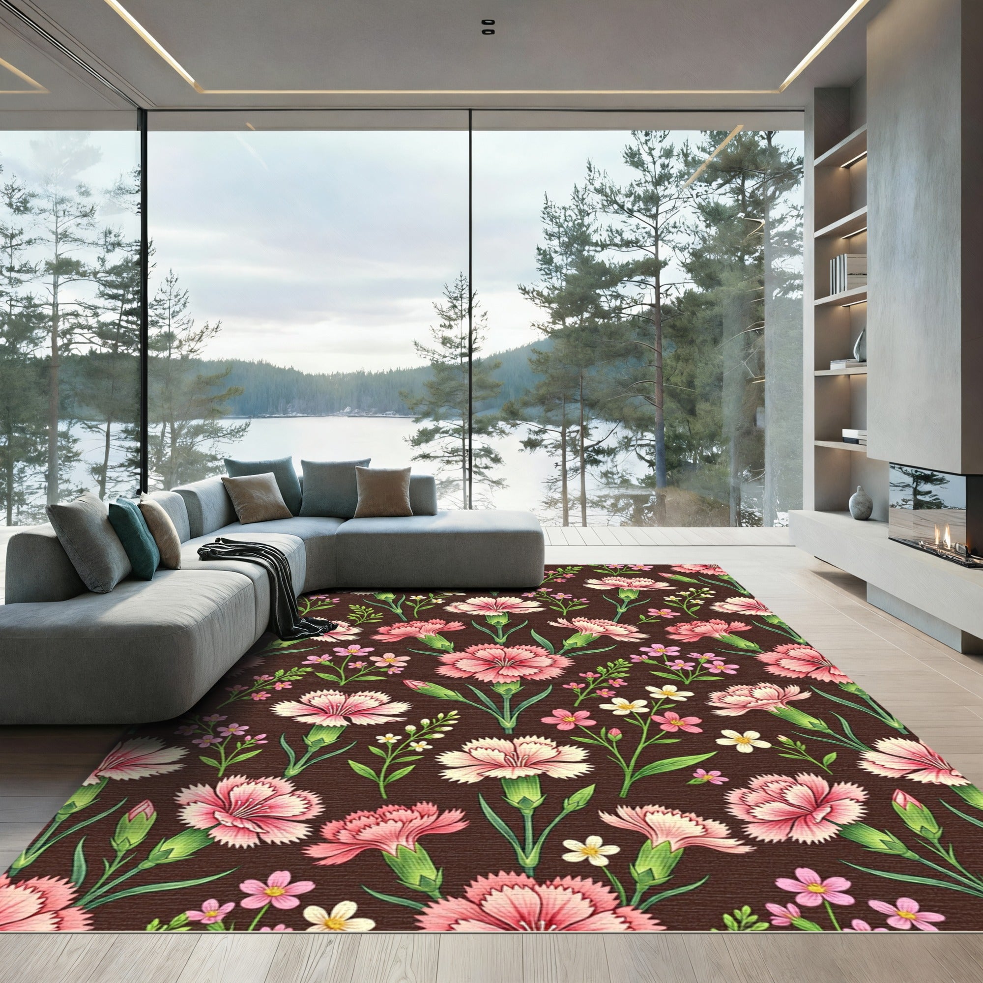 Pink Carnation Garden Floral Whimsical Rug