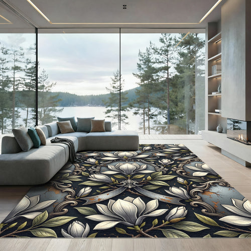 Antique White Magnolia Floral Scroll Rug