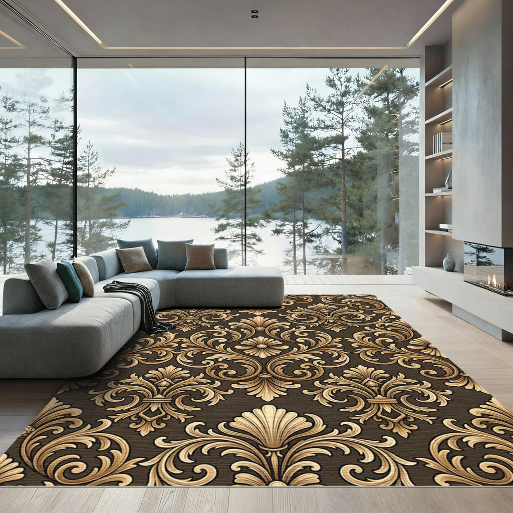 Golden Baroque Floral Scroll Rug