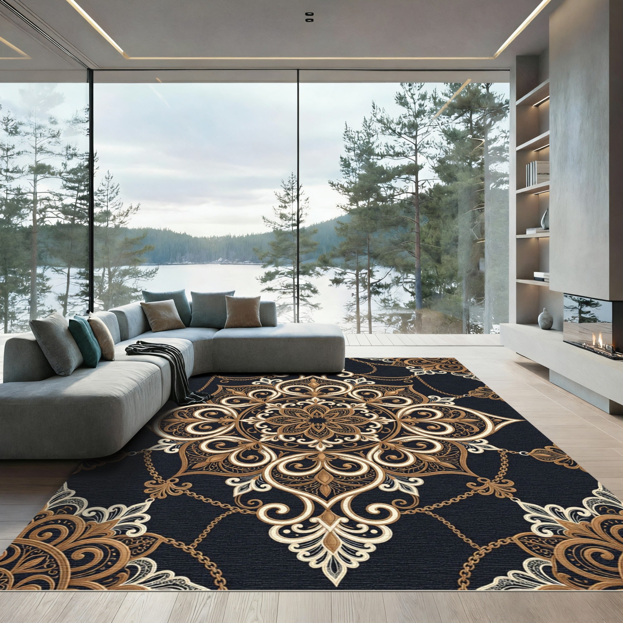 Ornate Gold Medallion Chain Rug