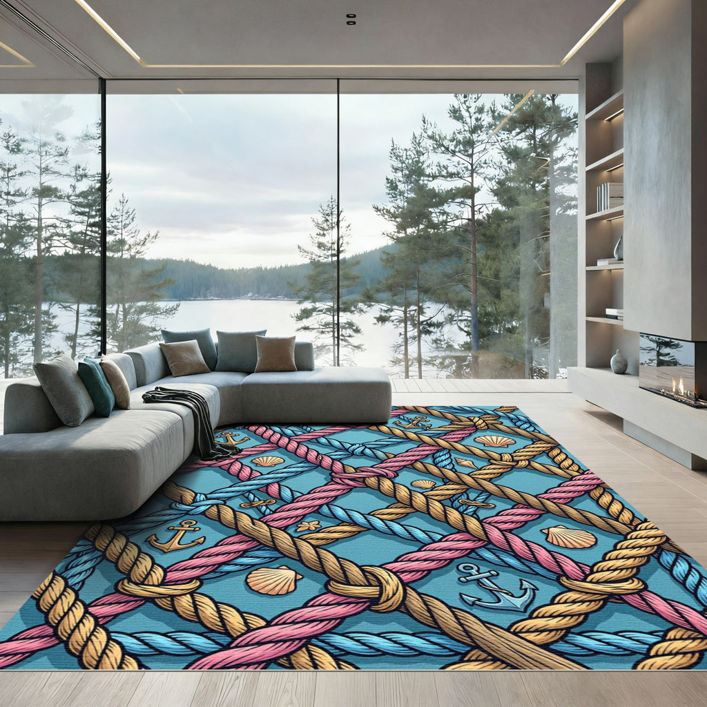 Nautical Rope Anchor Sea Shell Grid Rug