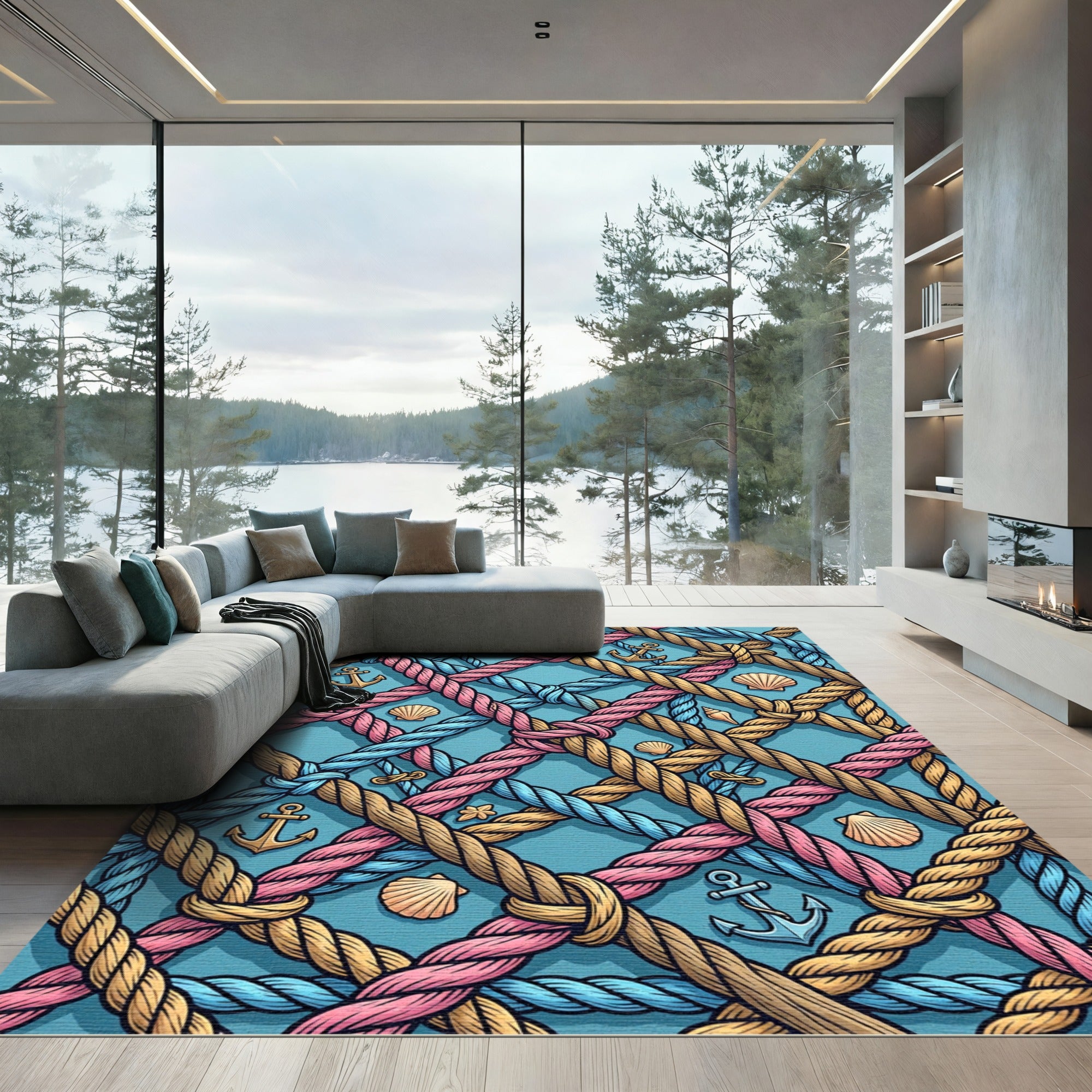 Nautical Rope Anchor Sea Shell Grid Rug