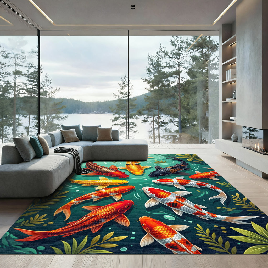 Vibrant Multicolored Koi Pond Fish Rug