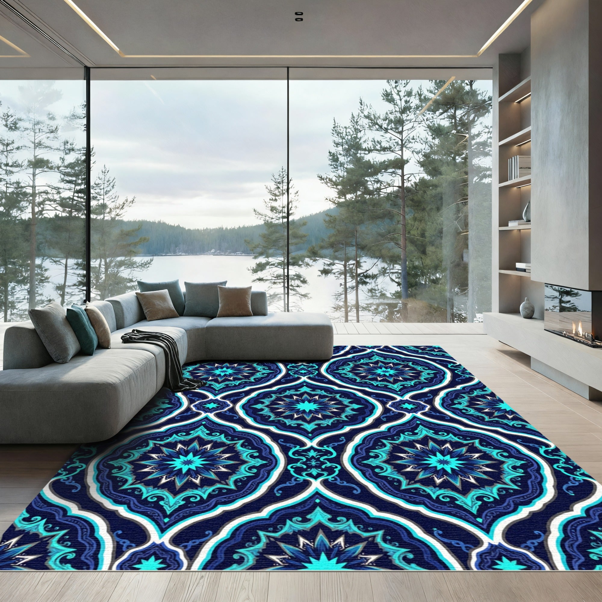 Celestial Navy Blue Starry Mandala Rug