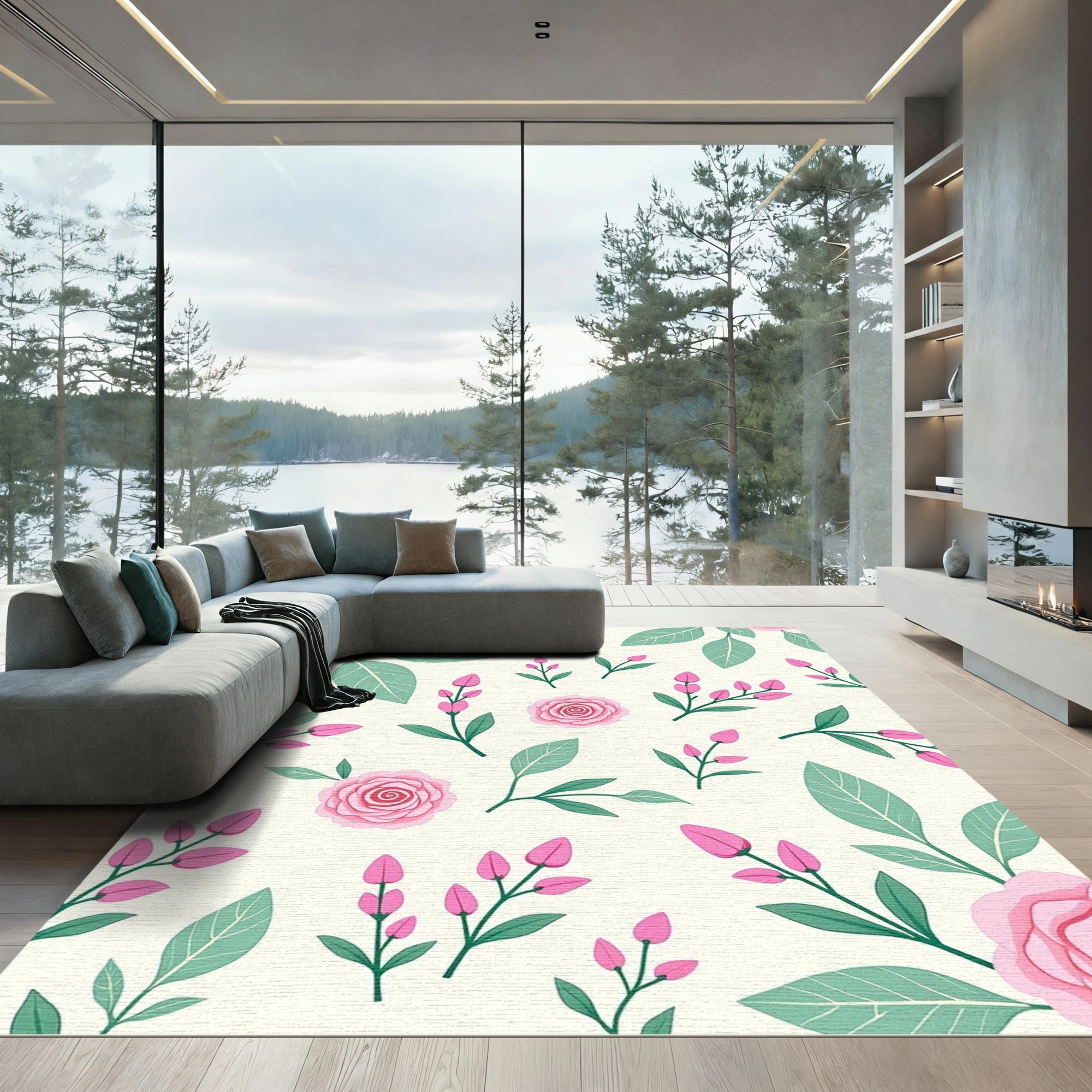 Pink Roses and Green Leaves Pattern Rug