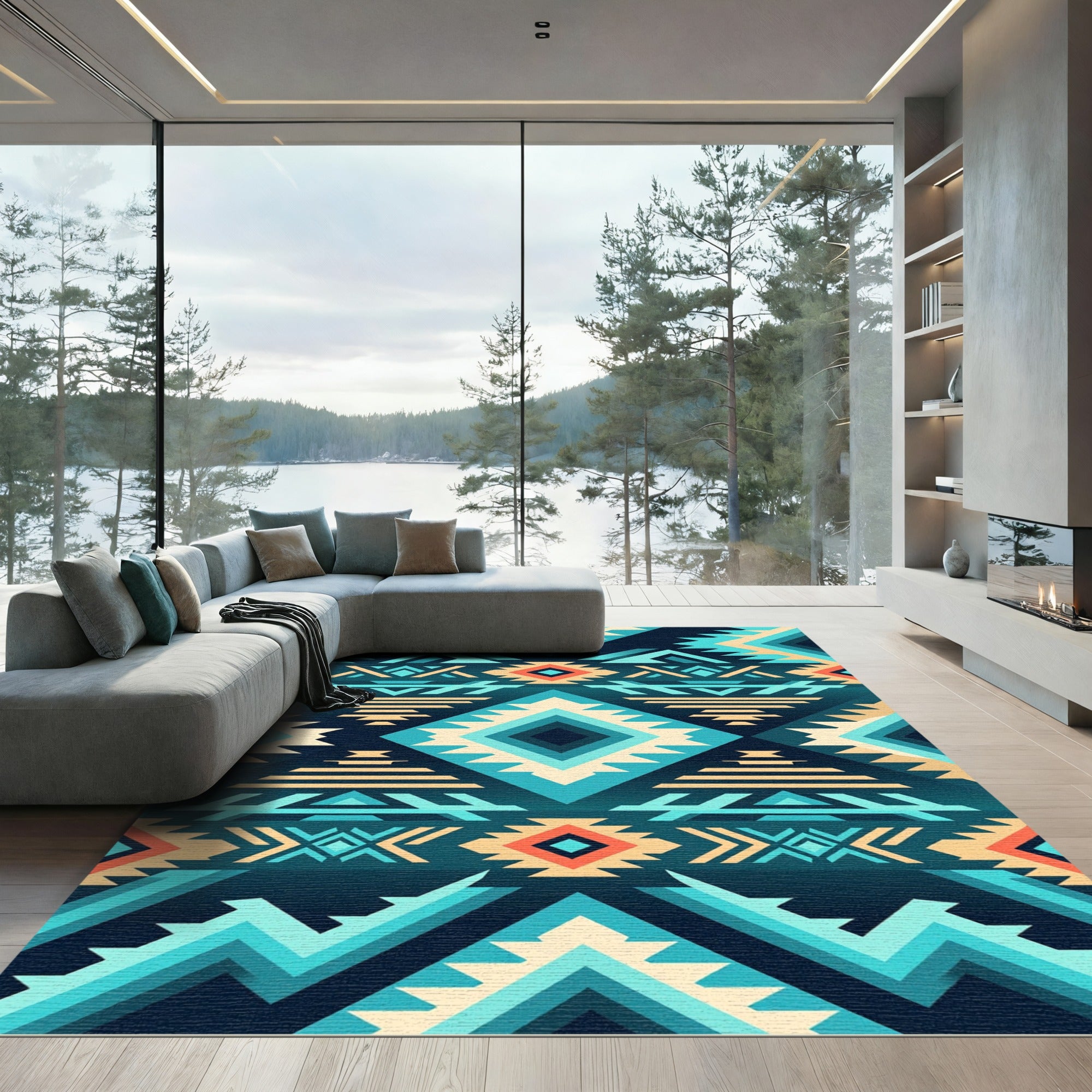 Teal Geometric Aztec Diamond Southwestern Rug