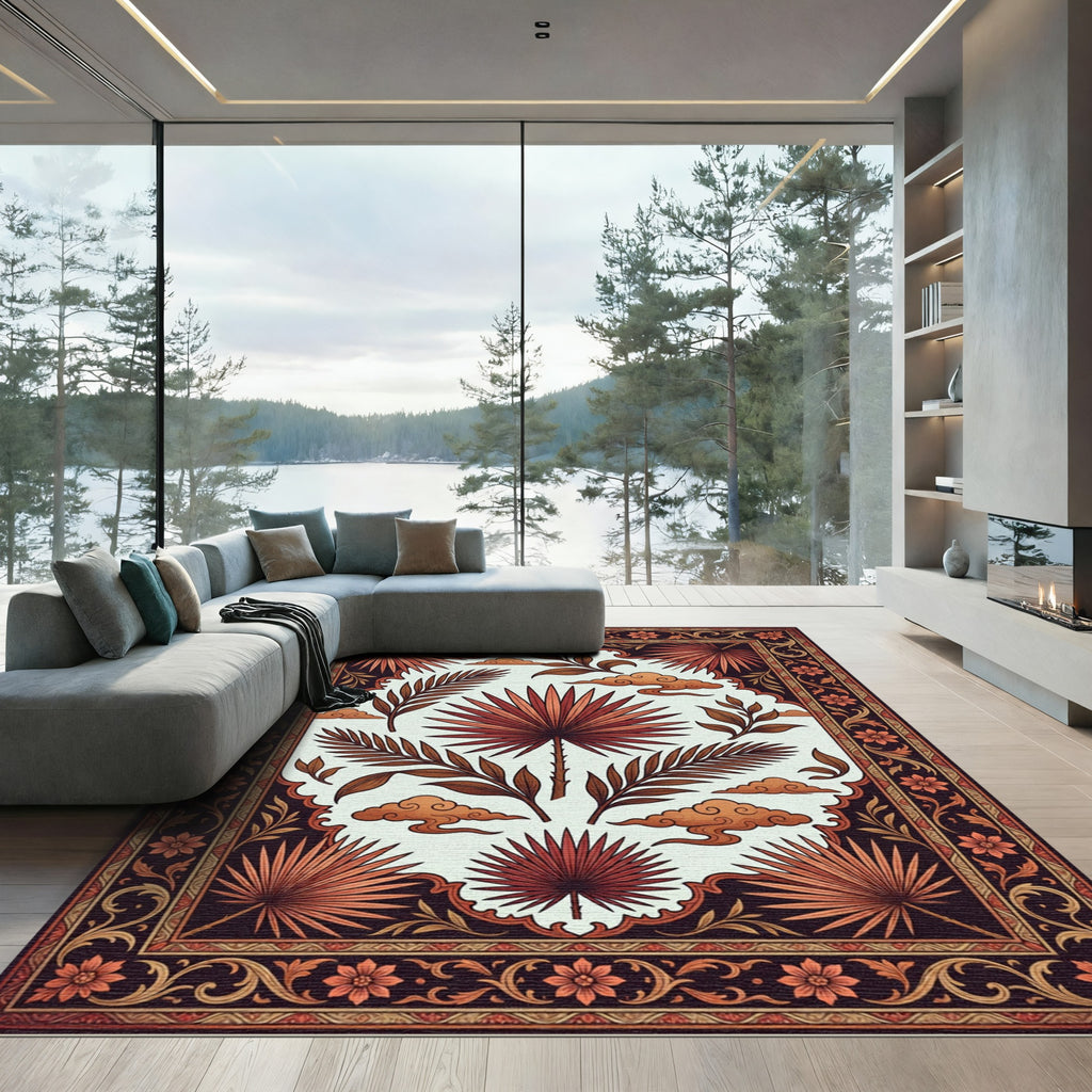 Earthy Terracotta Tropical Palm Leaf Tapestry Rug