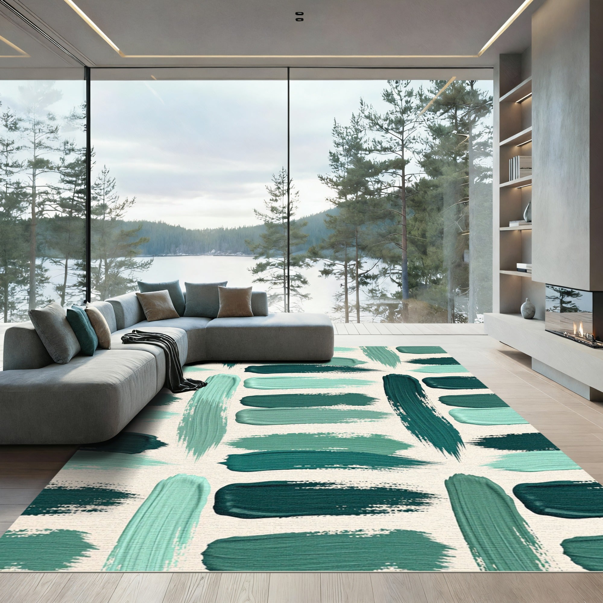 Teal Brush Strokes Abstract Rug