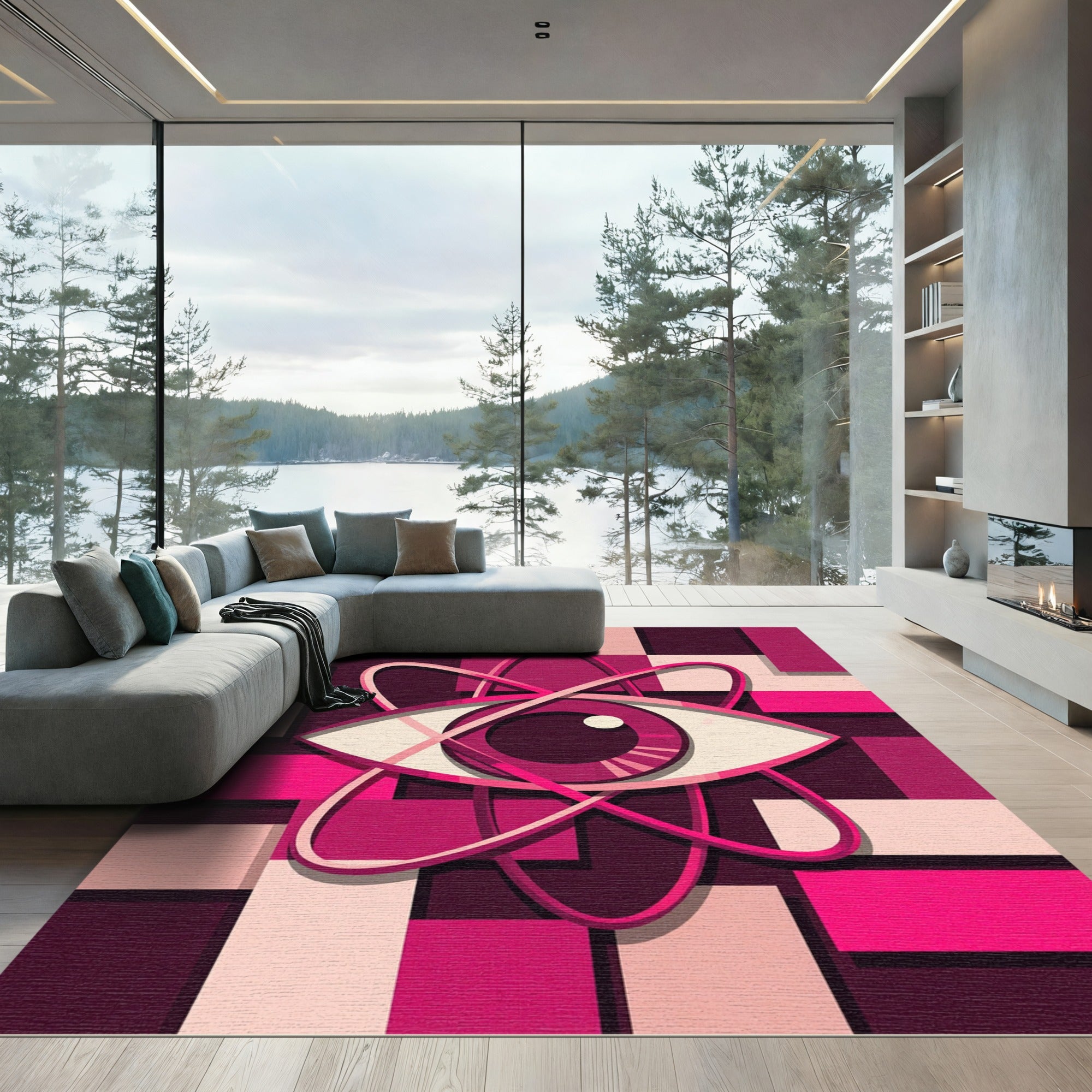 Vibrant Pink Atom Geometric Abstract Art Rug