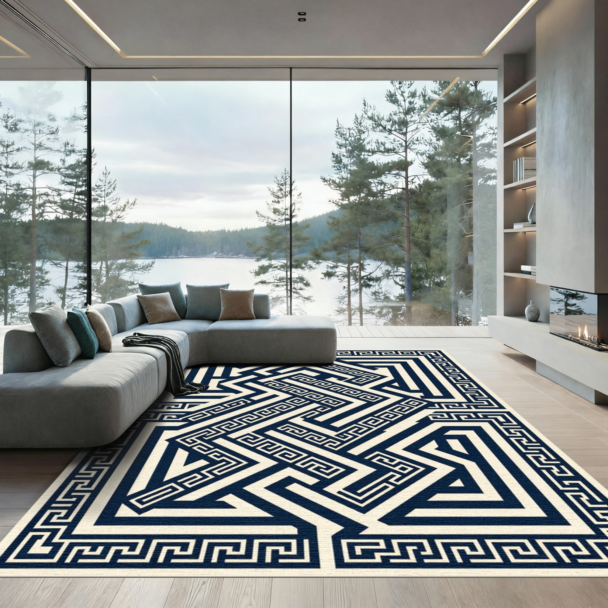 Geometric Navy Blue Greek Key Maze Rug