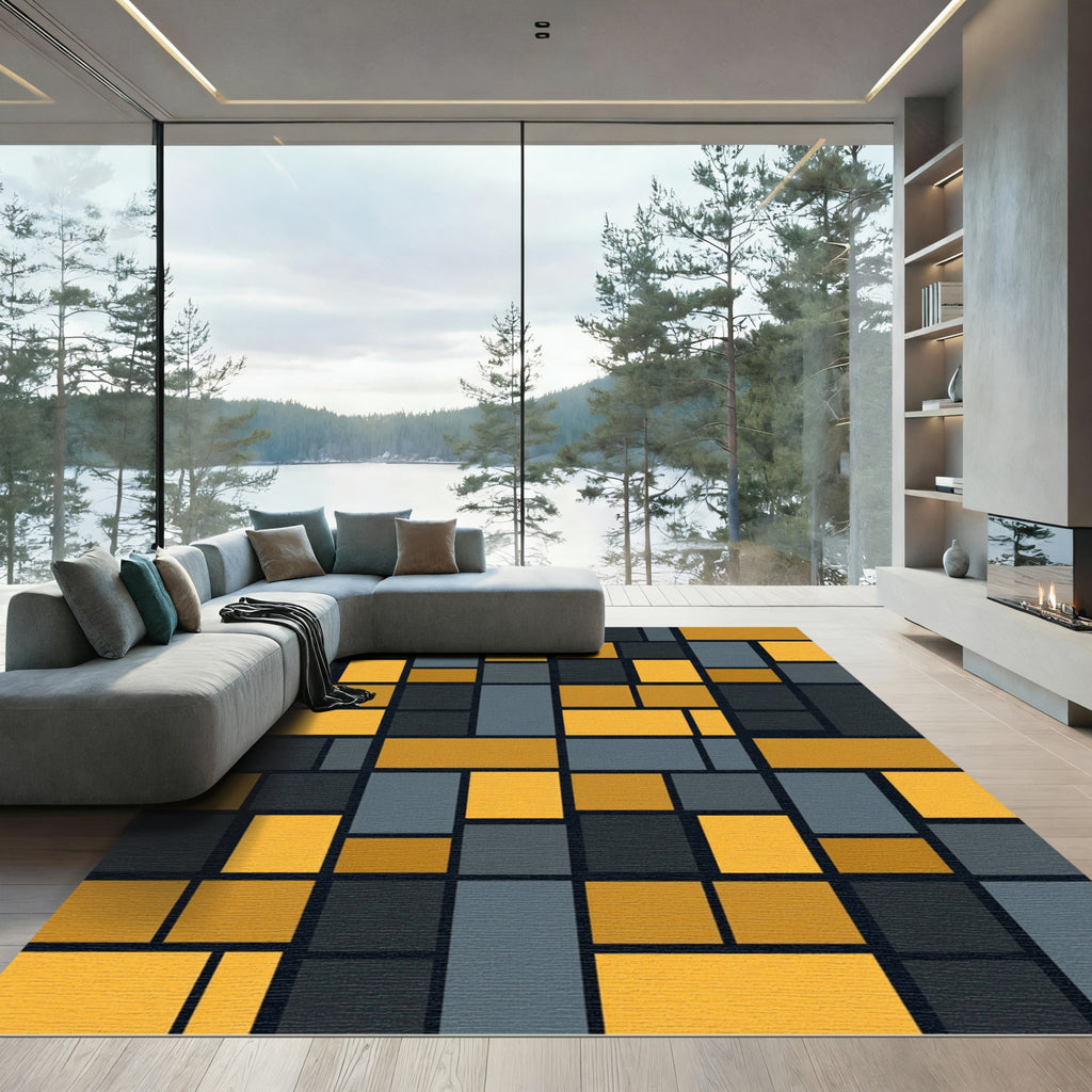 Modern Gold and Charcoal Geometric Grid Rug