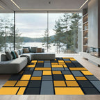 Modern Gold and Charcoal Geometric Grid Rug