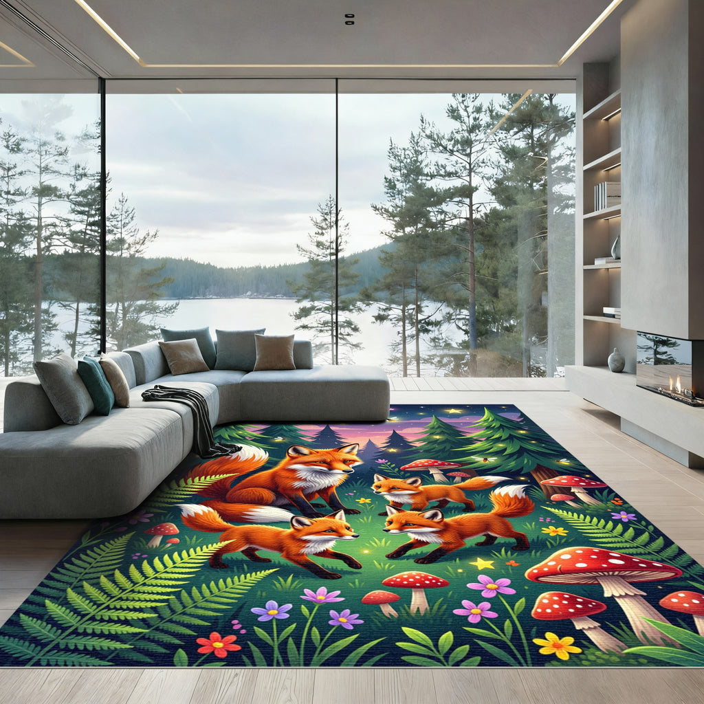 Whimsical Fox Family Forest Meadow Rug