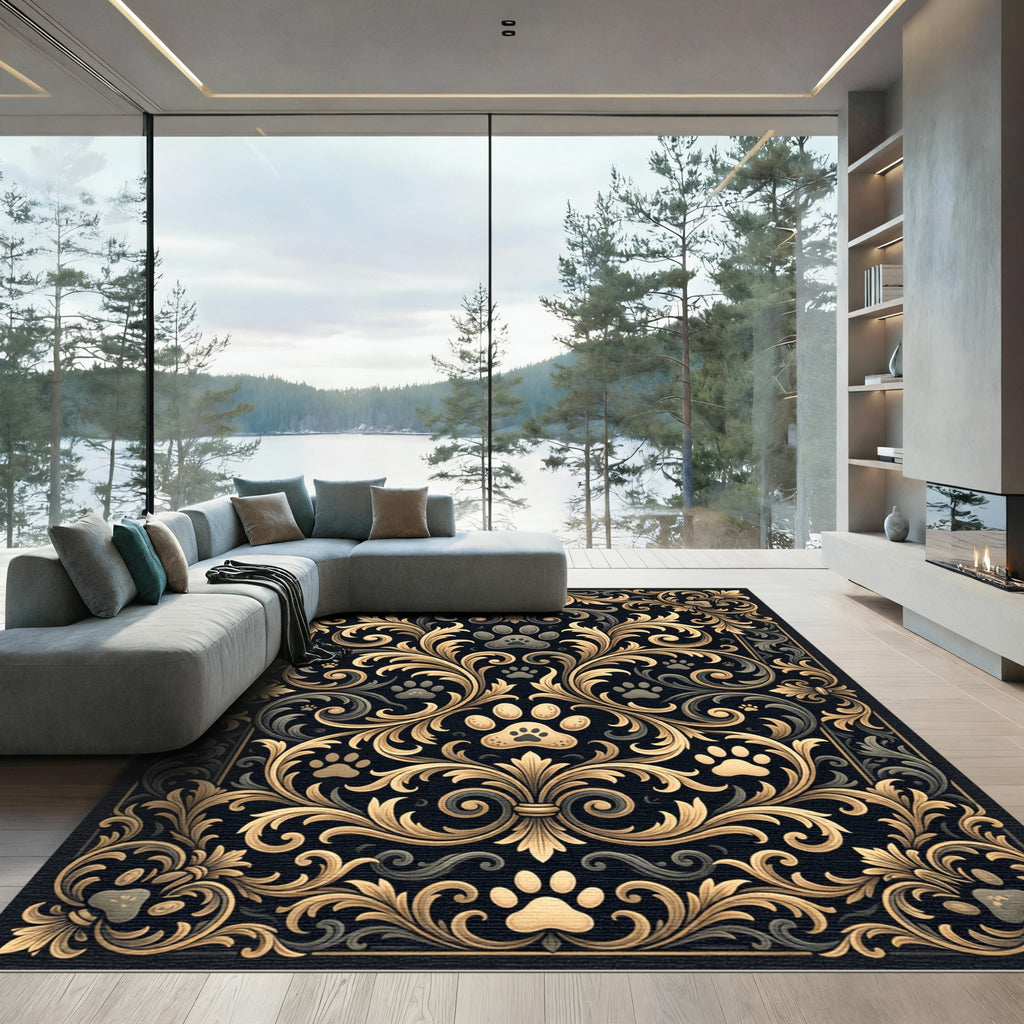 Elegant Gold Paw Flourish Damask Black Rug