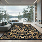Elegant Gold Paw Flourish Damask Black Rug