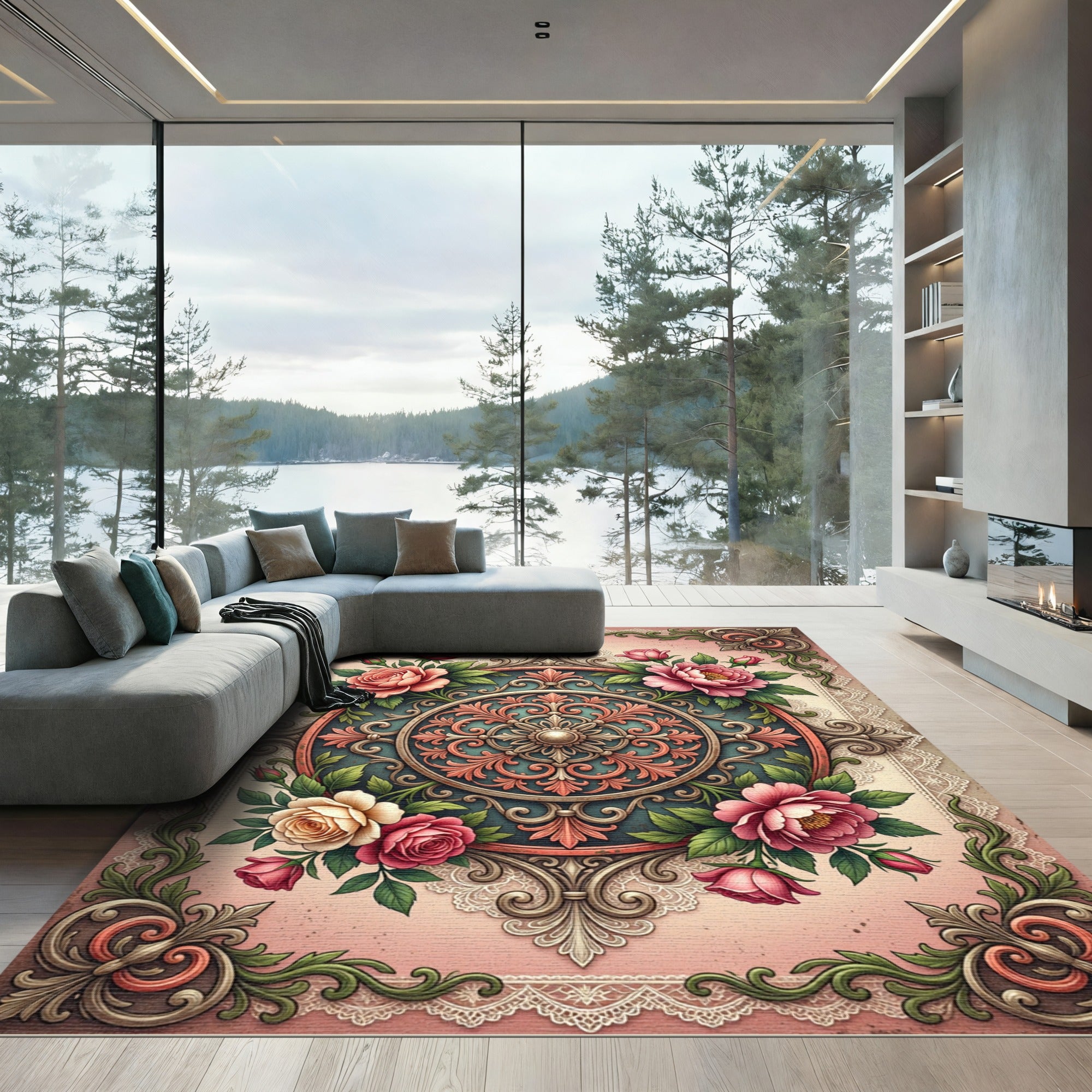 Vintage Pink Floral Ornate Medallion Rug