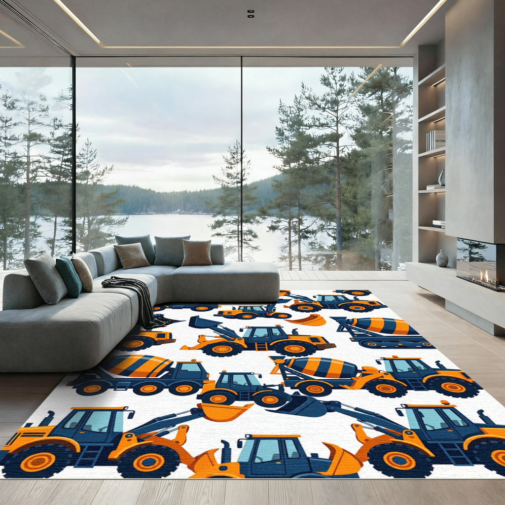 Blue and Orange Construction Vehicles Rug
