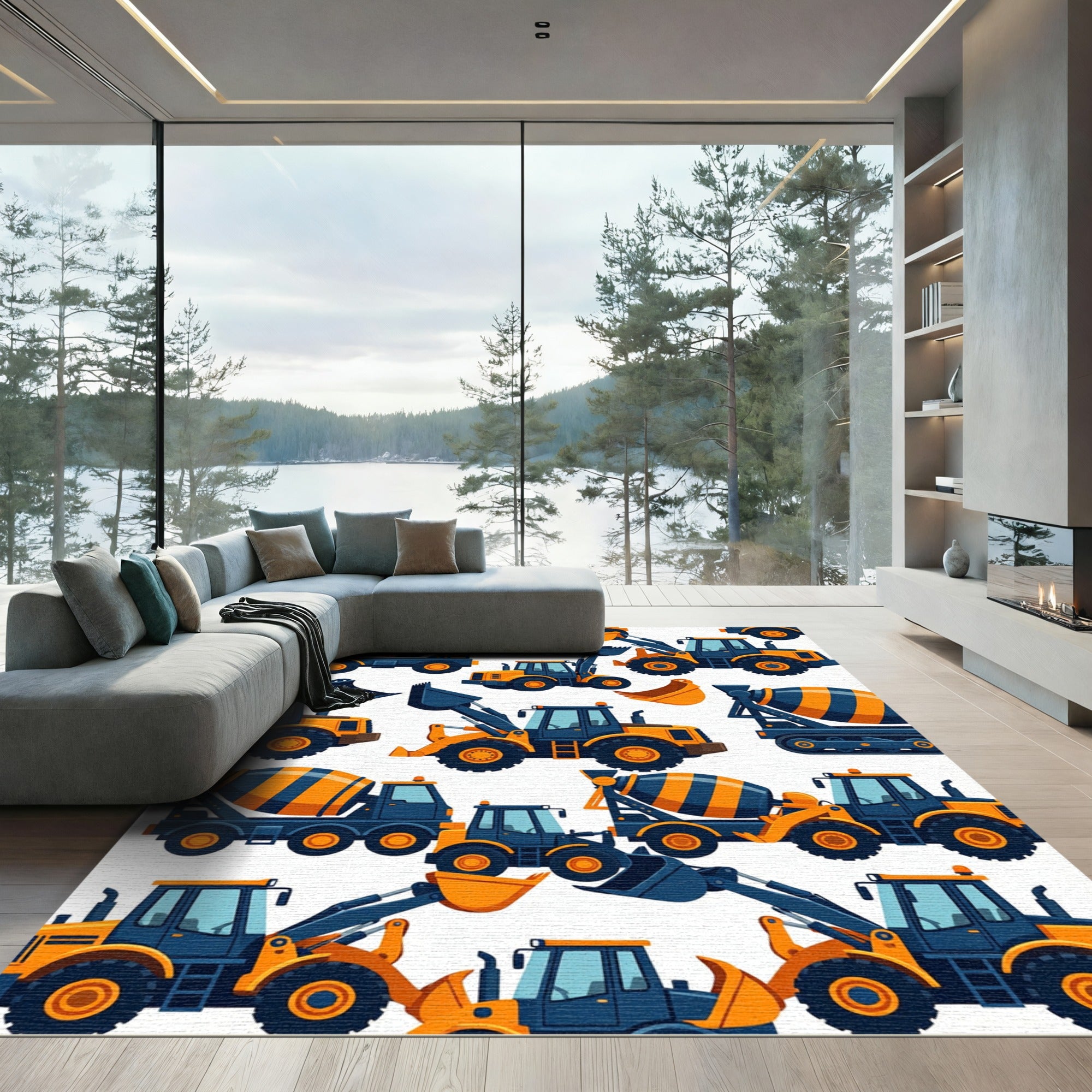 Blue and Orange Construction Vehicles Rug