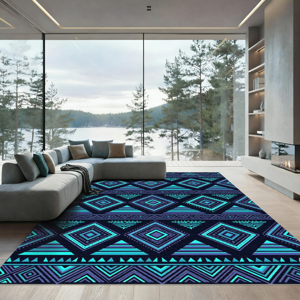 Neon Blue Geometric Tribal Diamond Rug