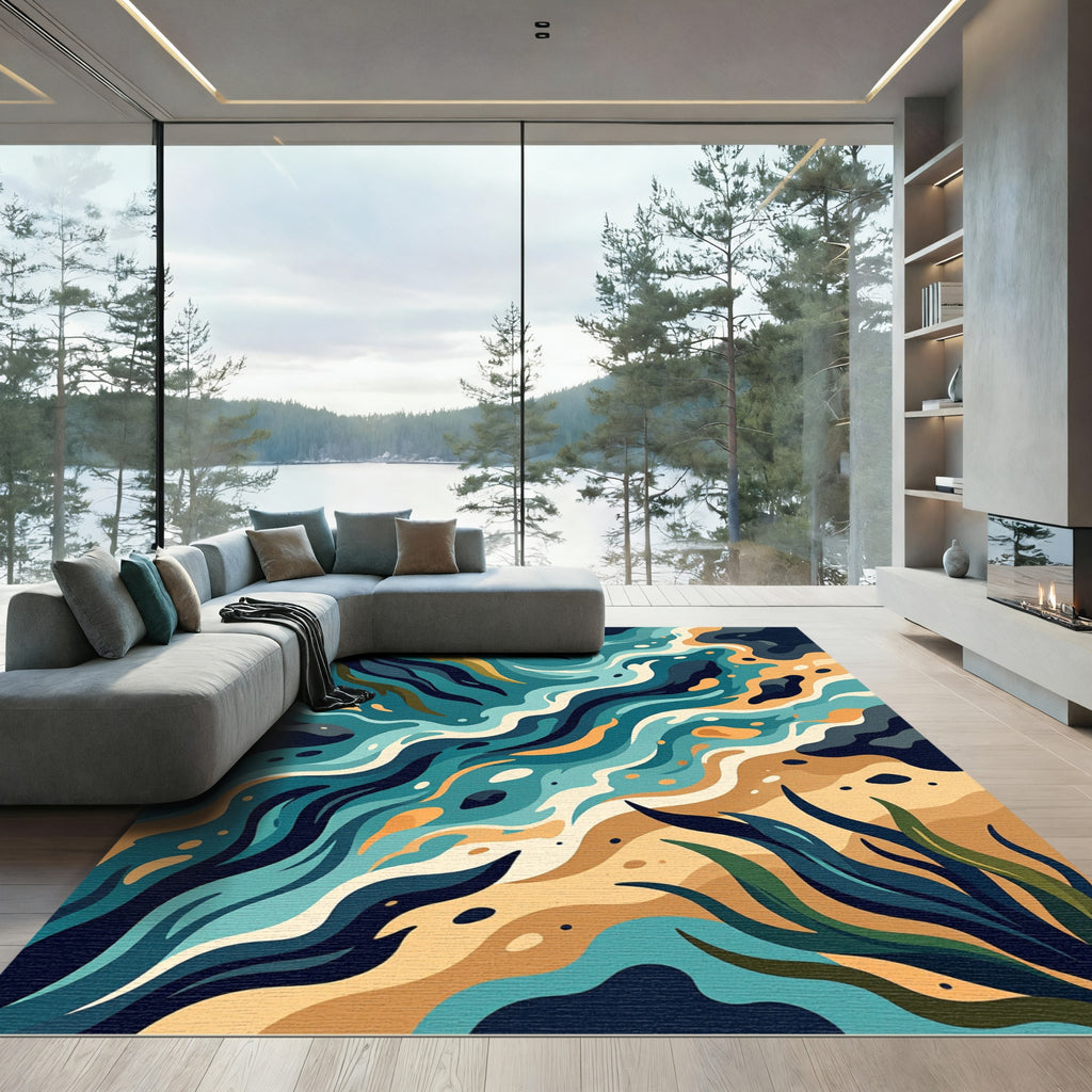 Abstract Teal Ocean Wave Flow Rug
