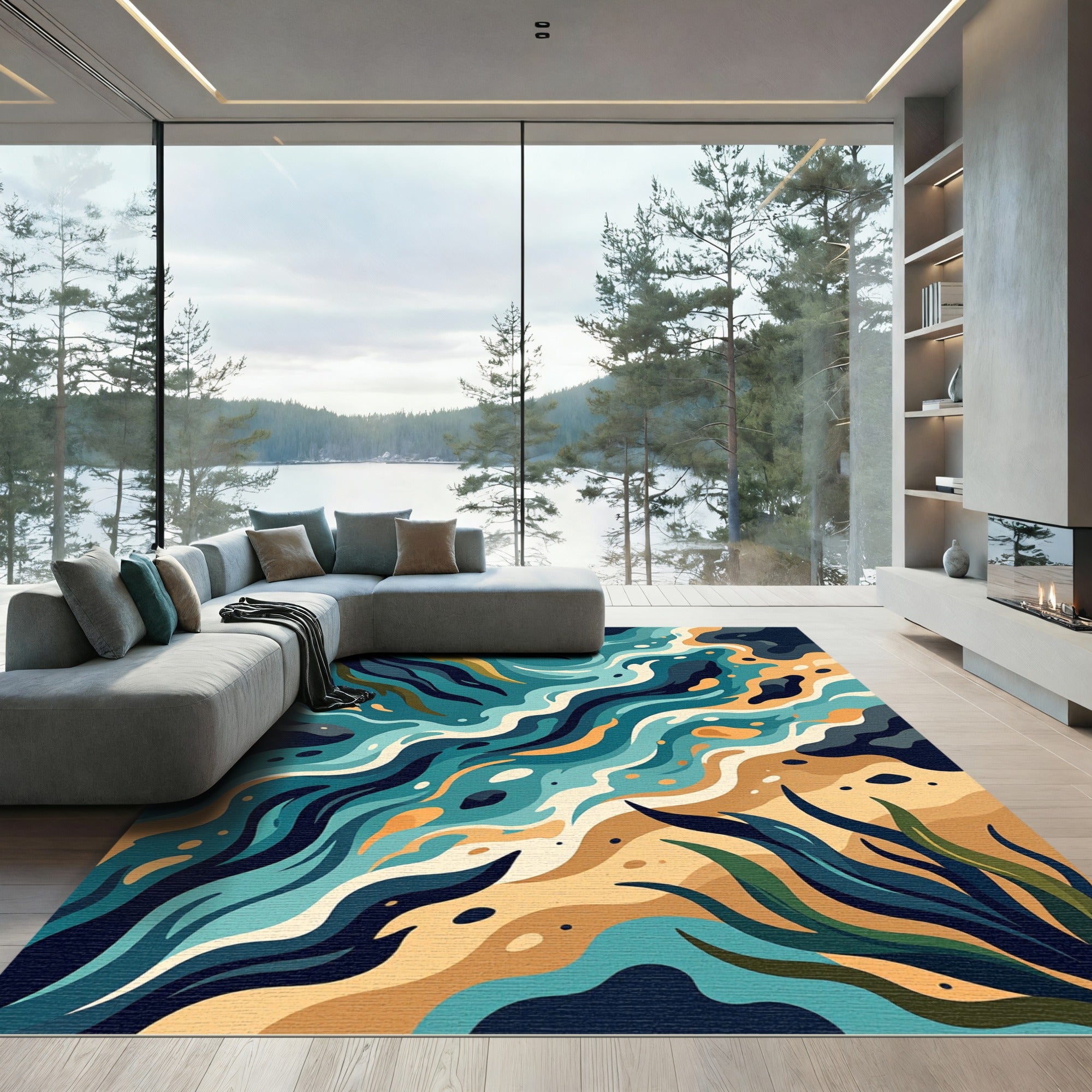 Abstract Teal Ocean Wave Flow Rug