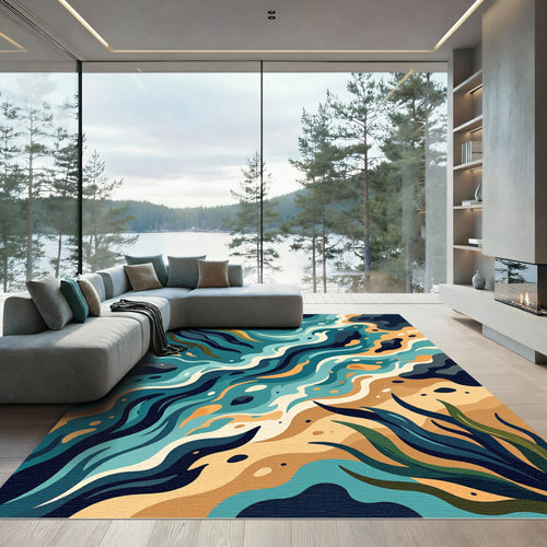 Abstract Teal Ocean Wave Flow Rug