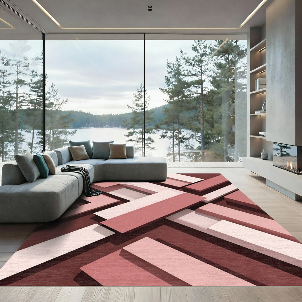 Modern Geometric Rose Gold Layered Blocks Rug