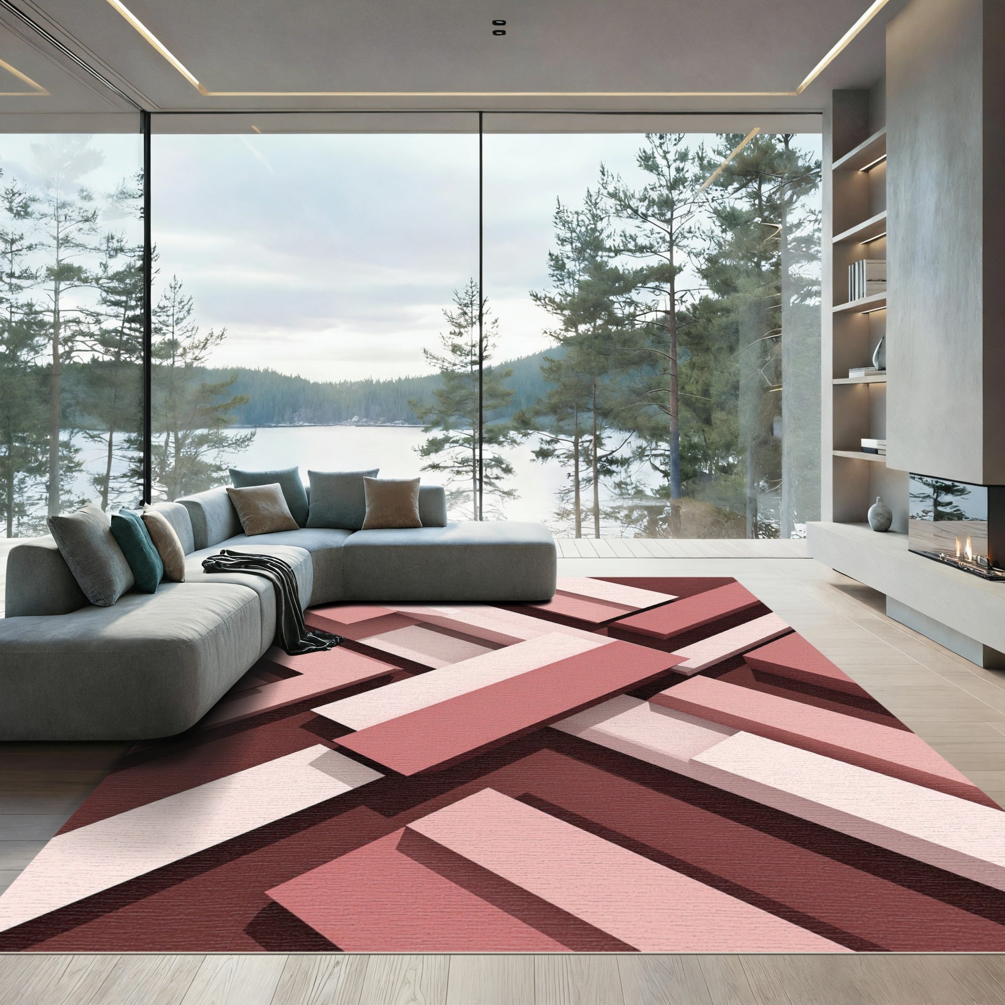 Modern Geometric Rose Gold Layered Blocks Rug