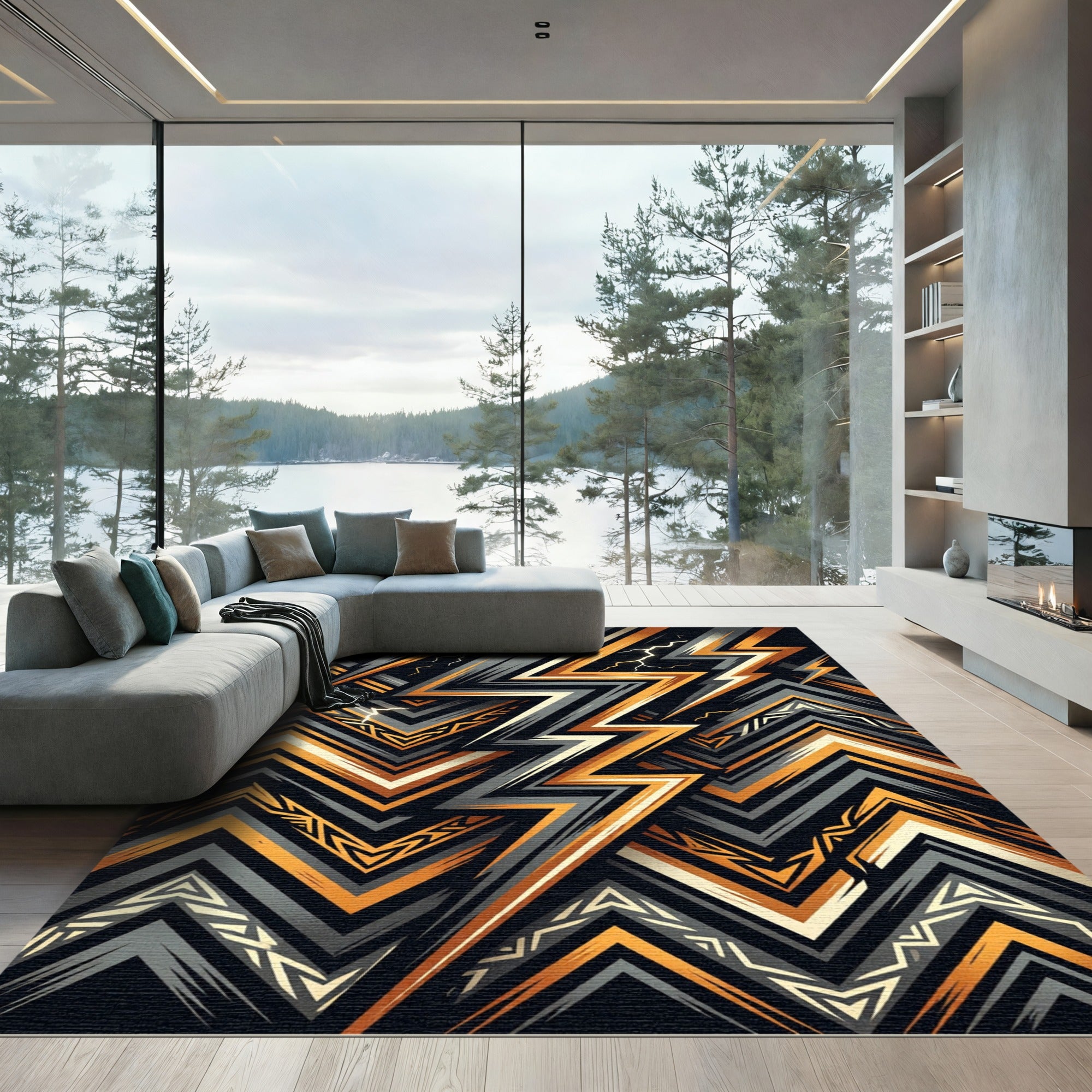 Bold Orange Gray Lightning Zigzag Rug