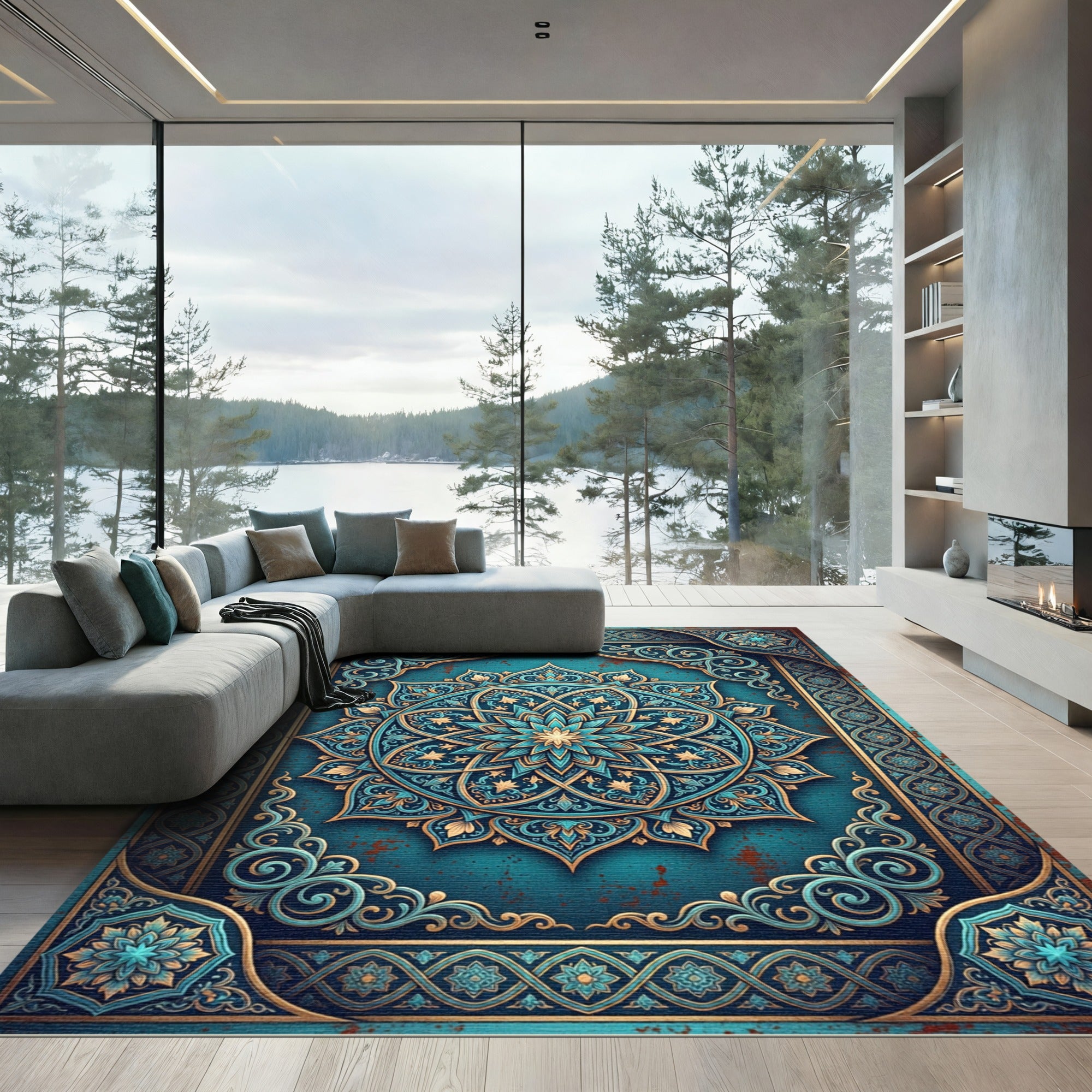 Aquamarine Golden Floral Mandala Medallion Rug
