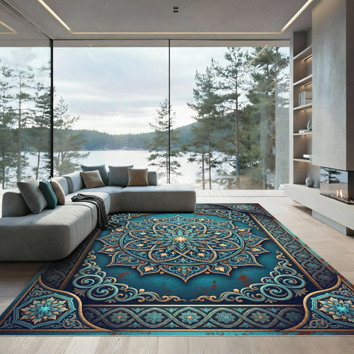 Aquamarine Golden Floral Mandala Medallion Rug