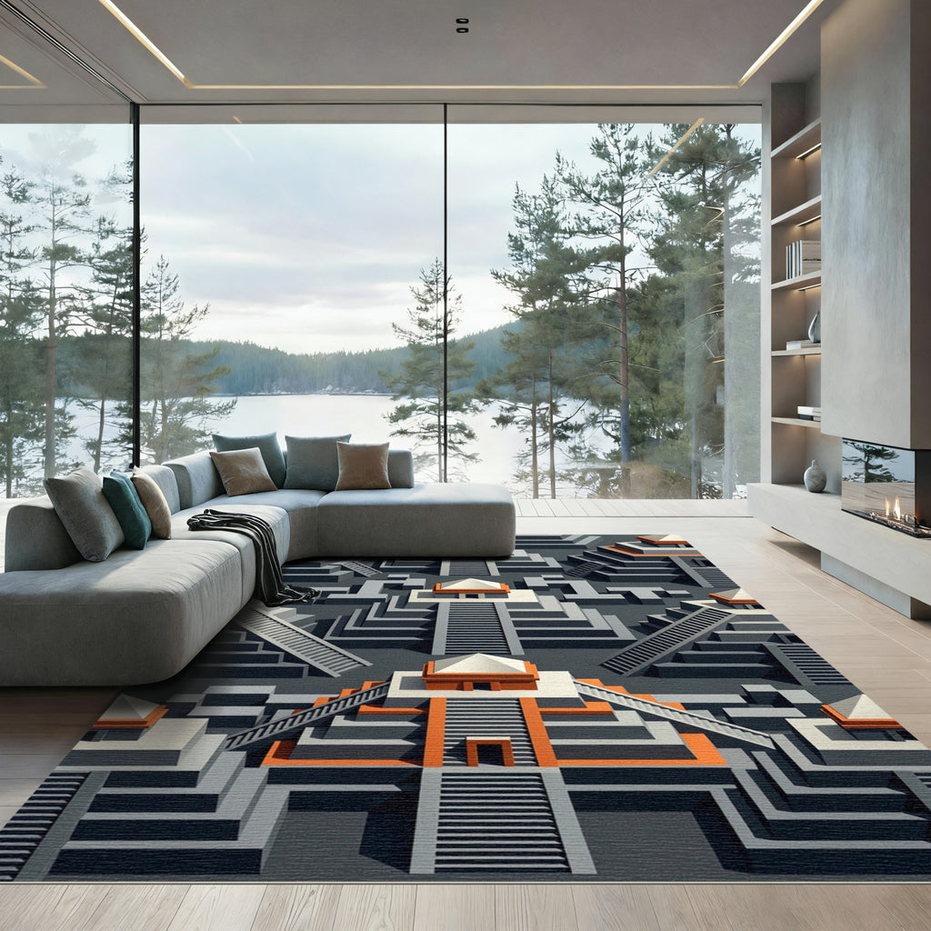 Monochromatic Aztec Temple Steps Rug
