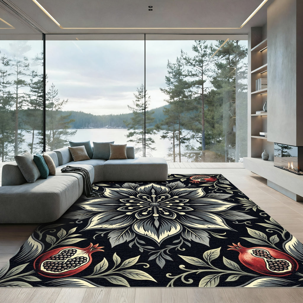 Monochrome Floral Pomegranate Medallion Rug