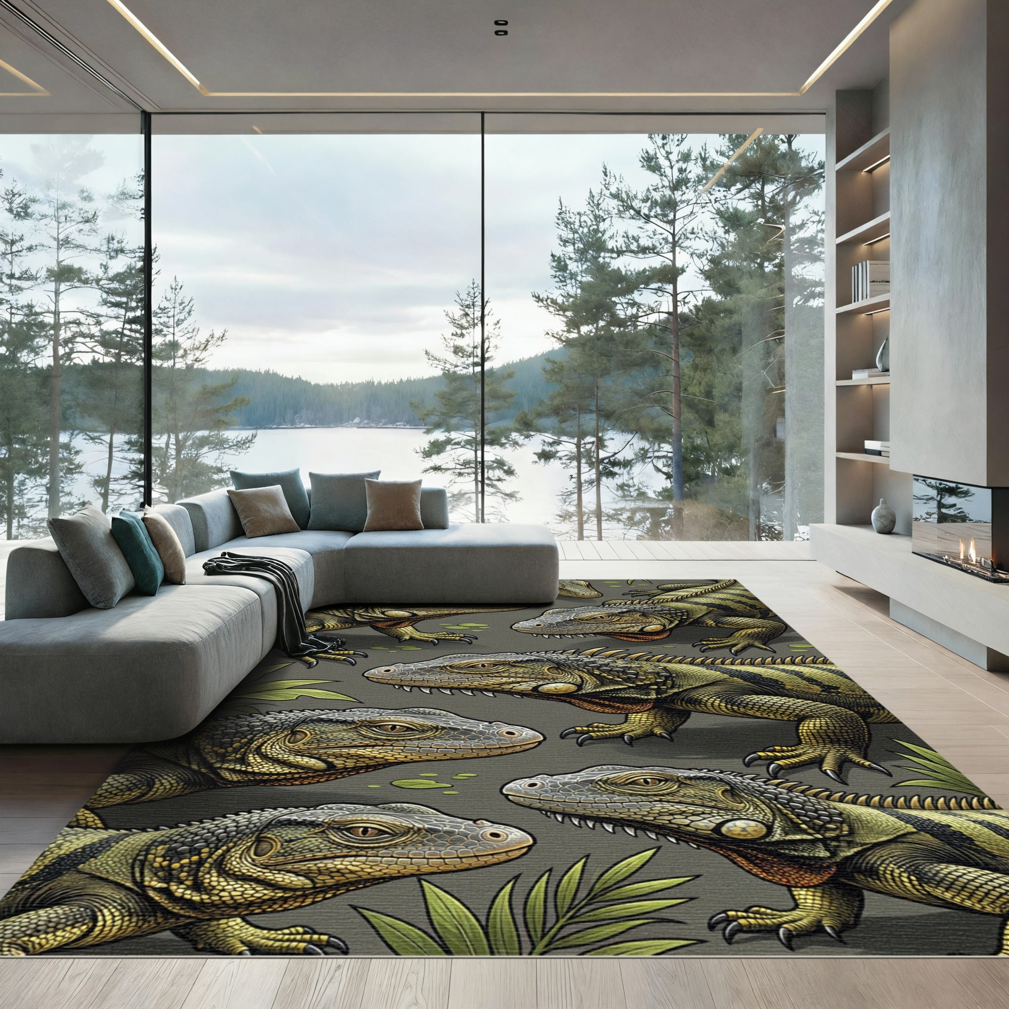 Detailed Green Iguana Reptile Illustration Rug