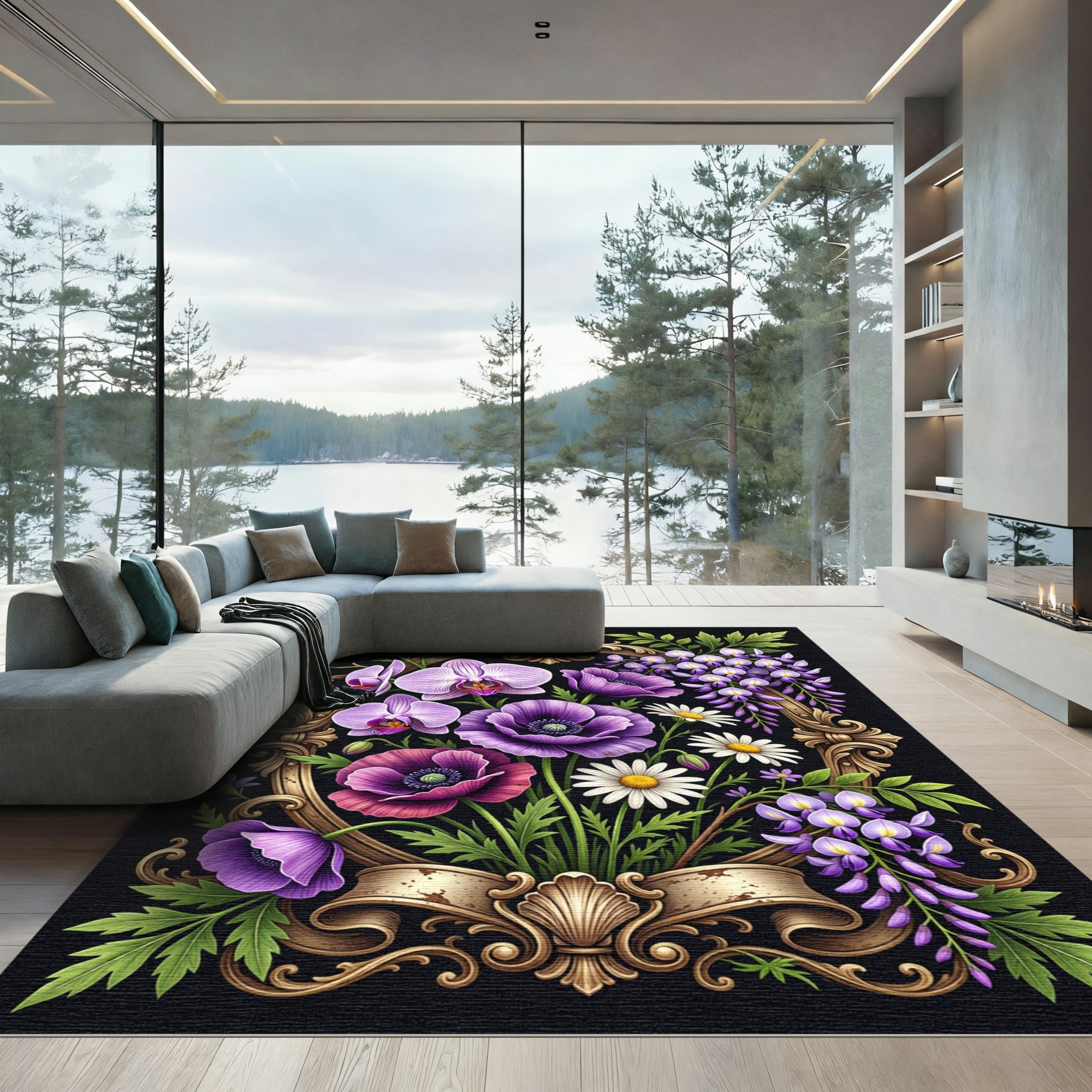 Elegant Purple Floral Ornate Frame Rug