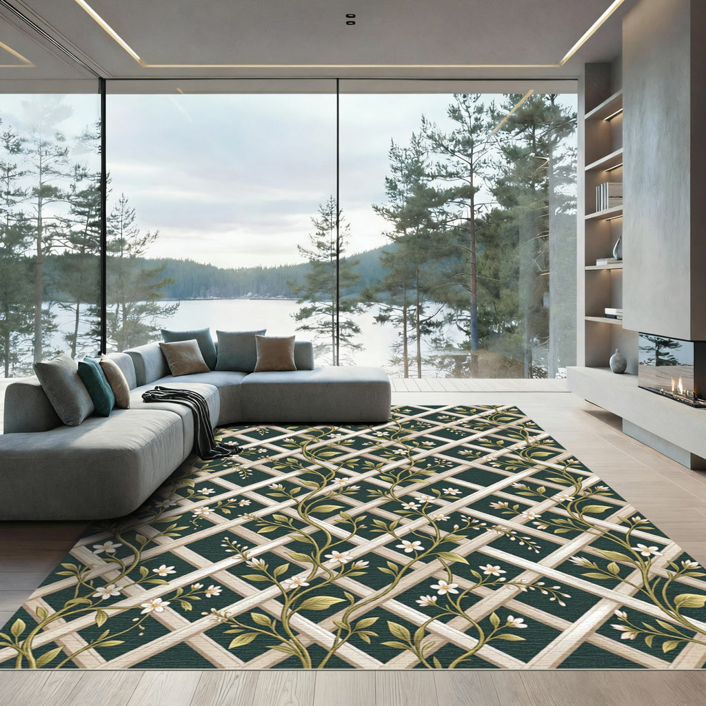 Cream Lattice White Blossom Vines Rug