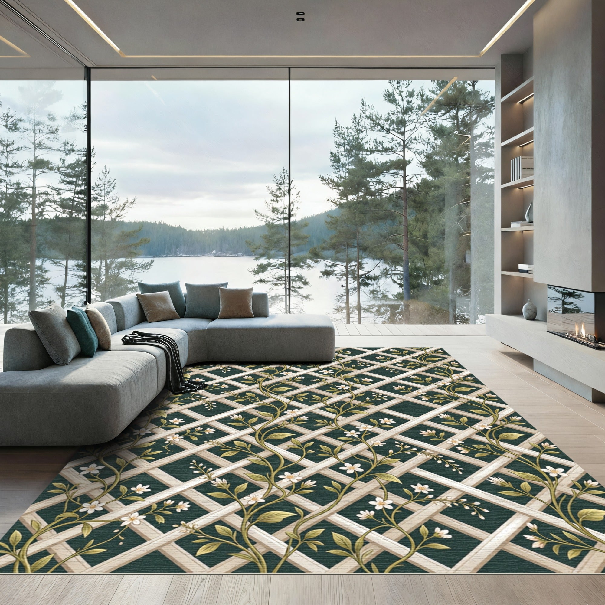 Cream Lattice White Blossom Vines Rug
