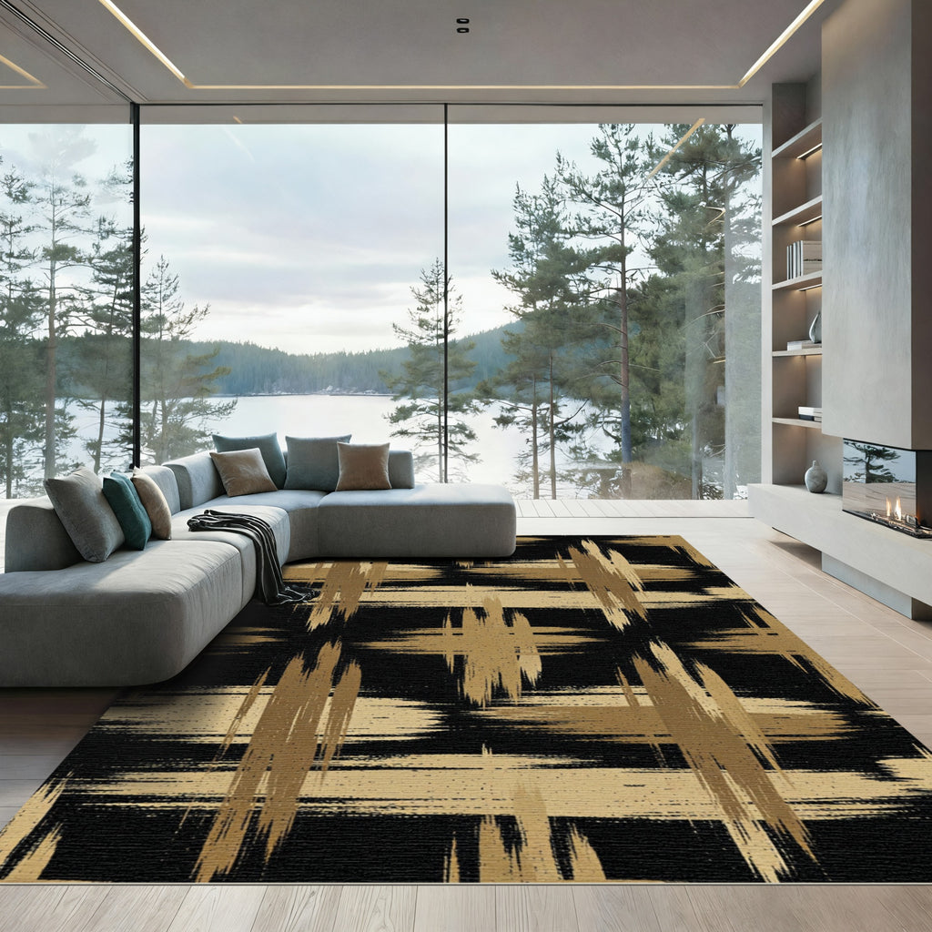 Modern Gold Black Abstract Brush Plaid Rug