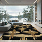 Modern Gold Black Abstract Brush Plaid Rug