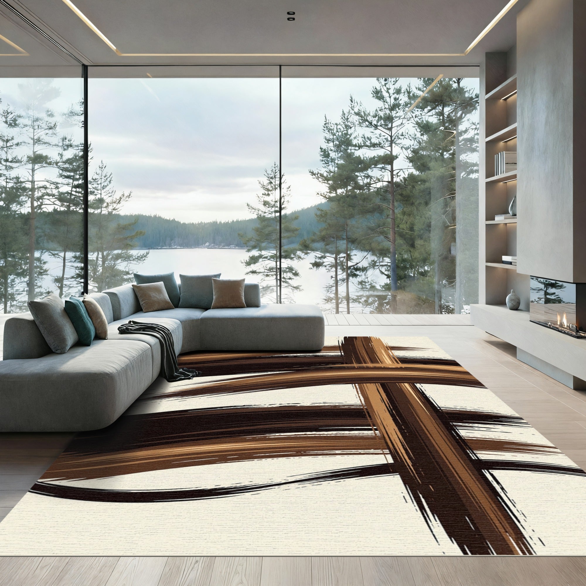 Earthy Brown Abstract Swoosh Rug