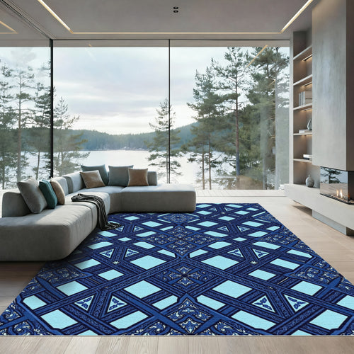 Azure Geometric Tracery Lattice Ornament Rug