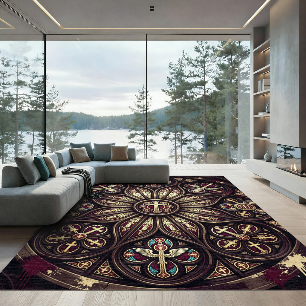 Gothic Crimson Stained Glass Rose Window Rug